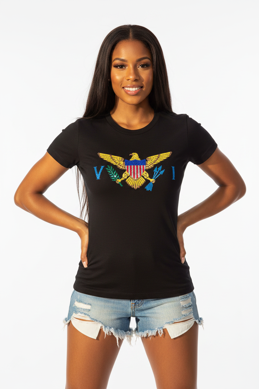 Island Model in VI Rhinestone Tee with Ripped Shorts
