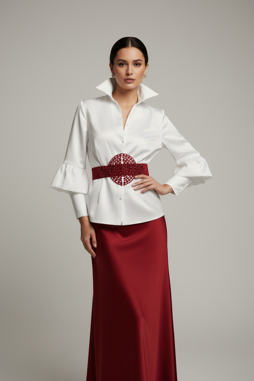 Model wearing white satin top with rhinestone belt