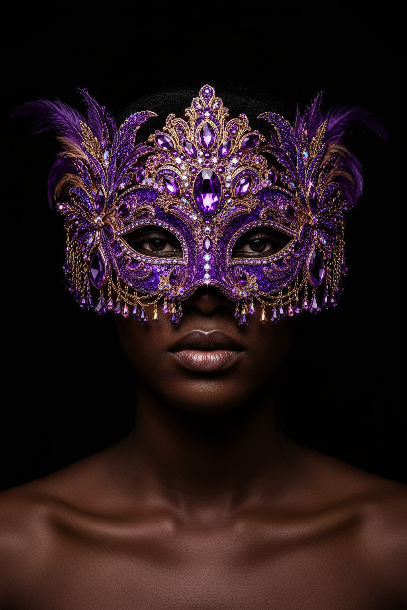 Purple Amethyst Mask - Model Shoulders Up