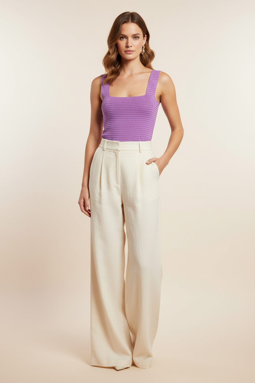 Purple Ribbed Tank Top on Model
