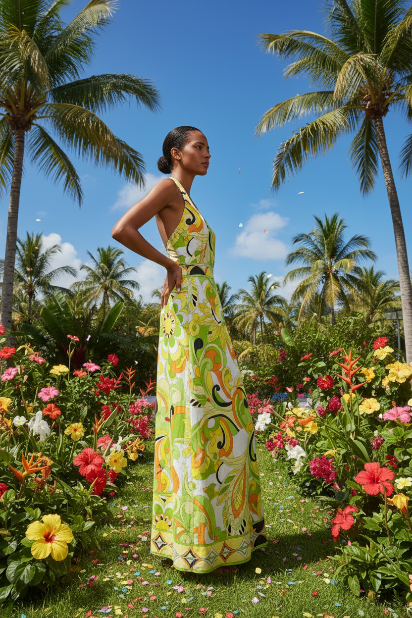 Relaxed Side Pose - Floral Halter Maxi Dress