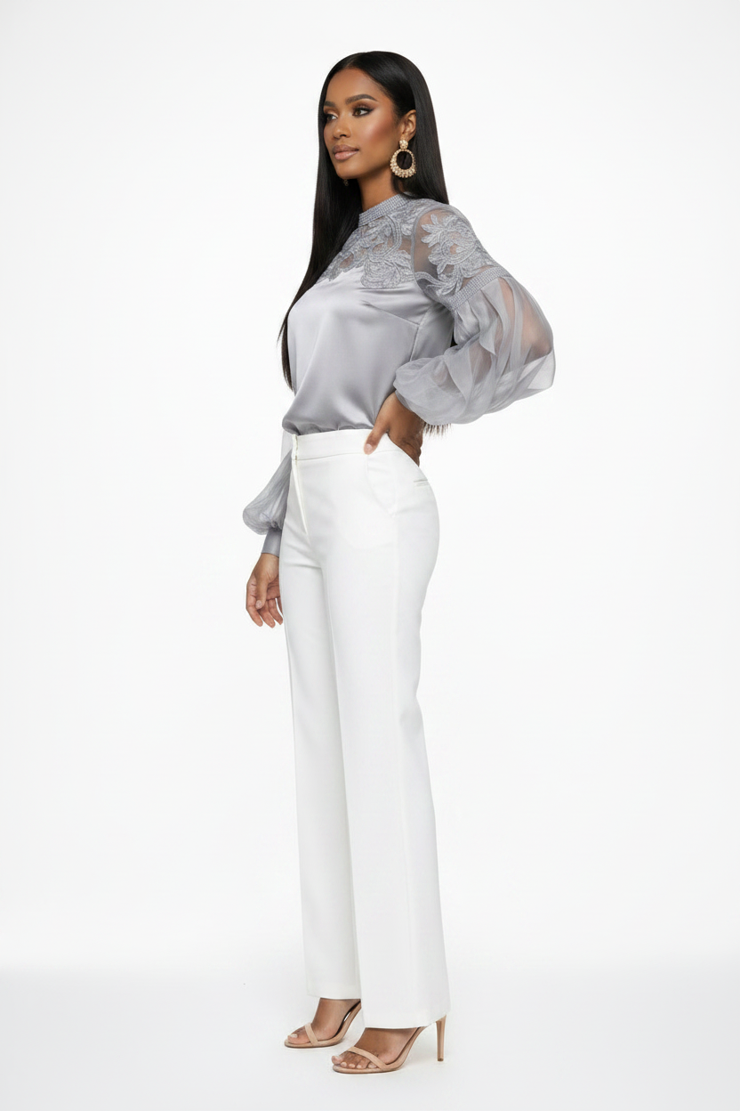 Side Profile - Grey Silk Bishop Sleeve Blouse