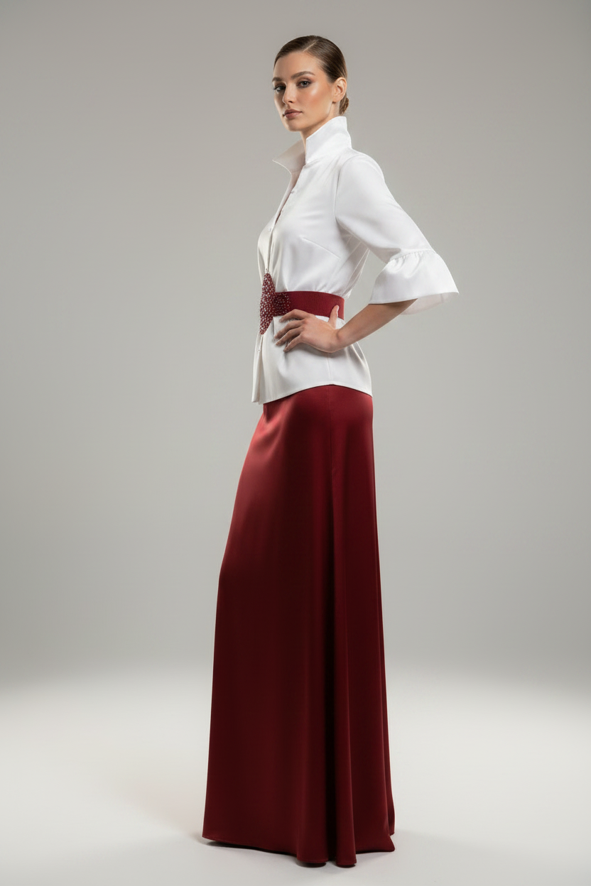 Side Profile - White Blouse Red Belt Burgundy Skirt
