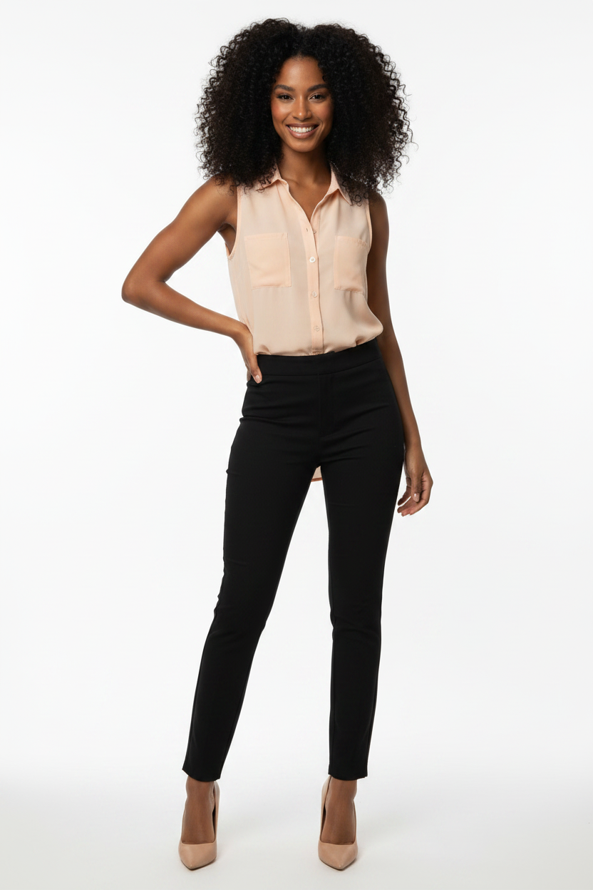 Smiling Model in Peach Blouse