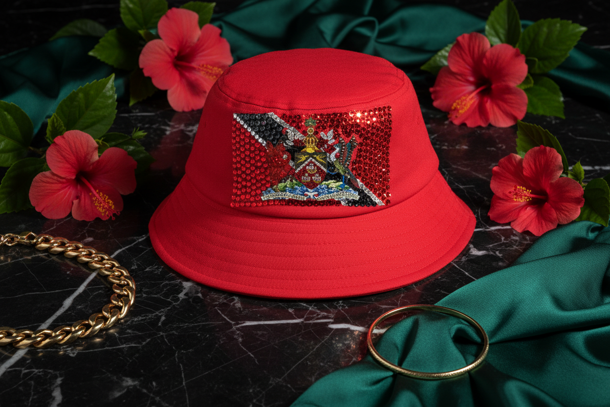Staged product shot of T&T rhinestone bucket hat