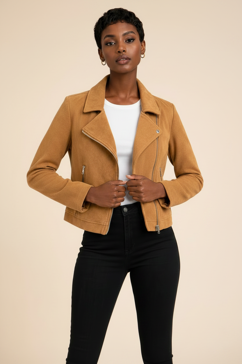 Tan Faux Jacket - Closed Jacket Touch Pose