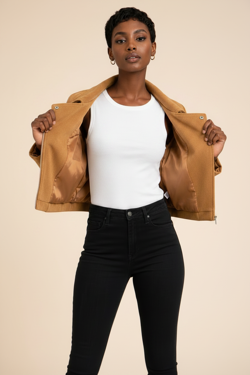 Tan Faux Jacket - Collar Pose