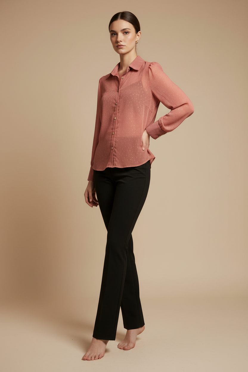 Three-Quarter Pose - Sheer Pink Blouse