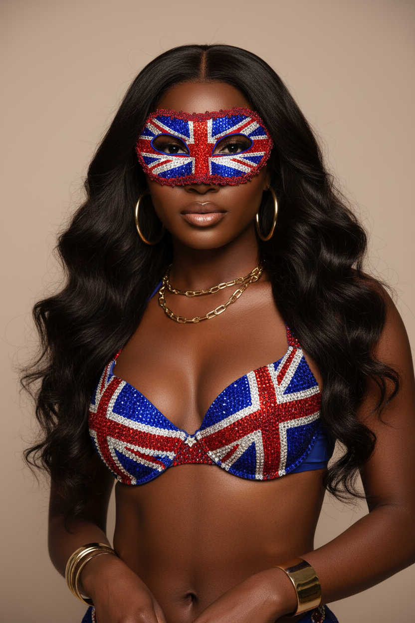 Union Jack Mask — Model with Matching Jeweled Bra
