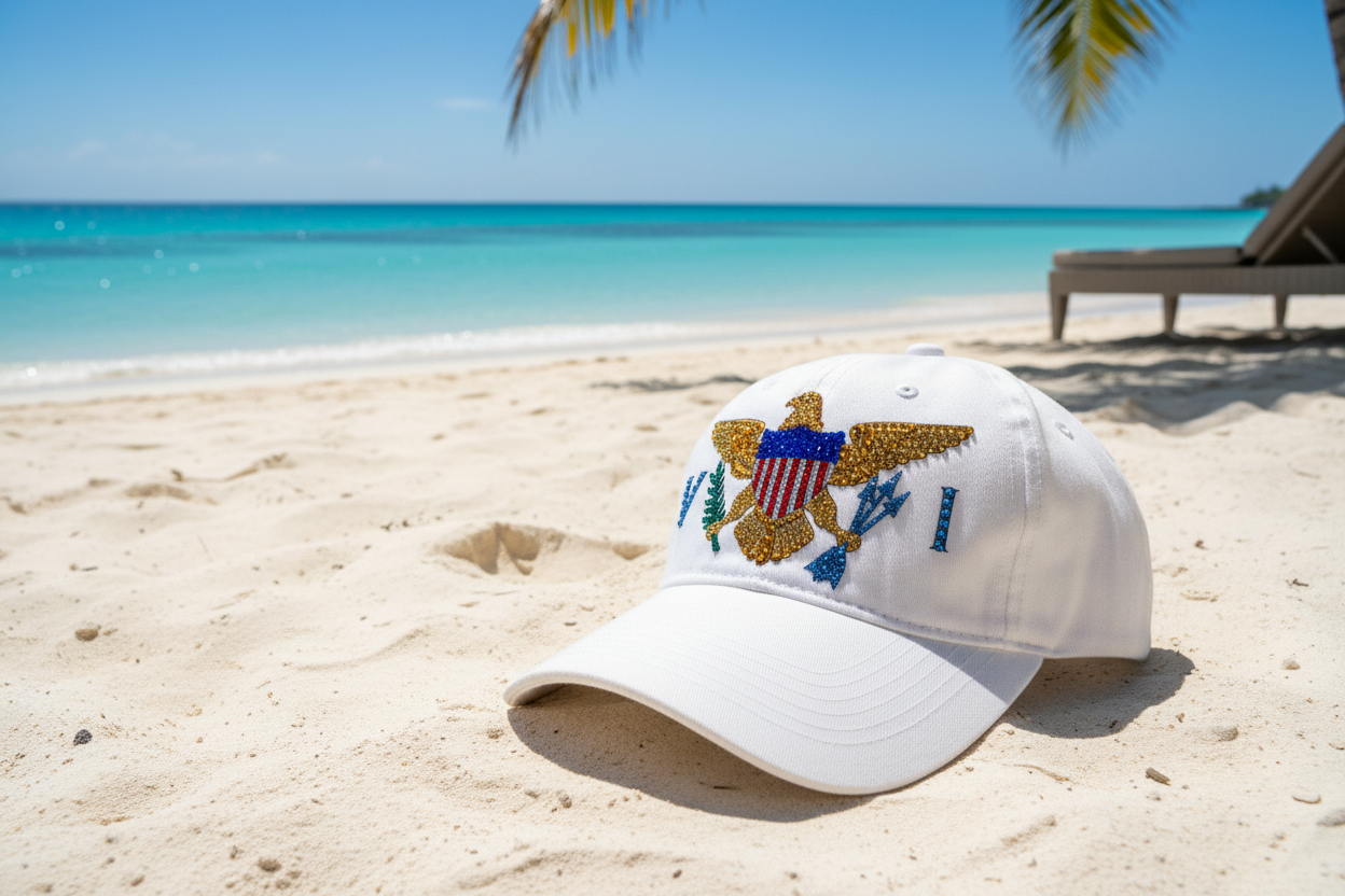 USVI Rhinestone Cap - Tropical Beach Scene