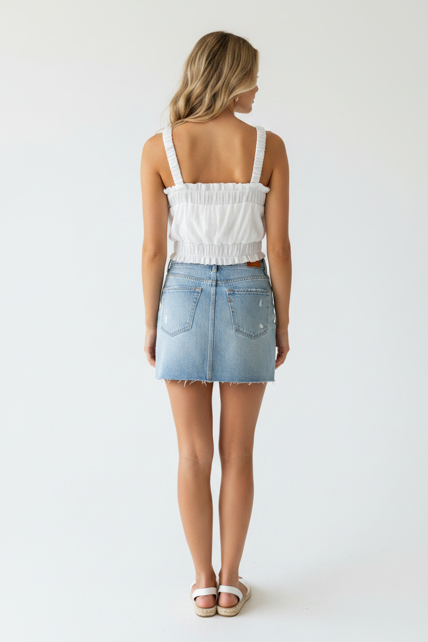 White Smocked Crop Top - Back Pose with Denim Mini Skirt