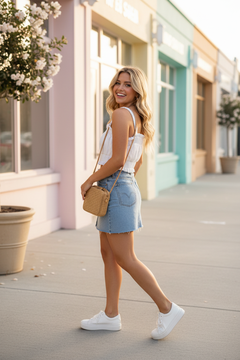 White Smocked Crop Top with Denim Mini Skirt - Walking Pose